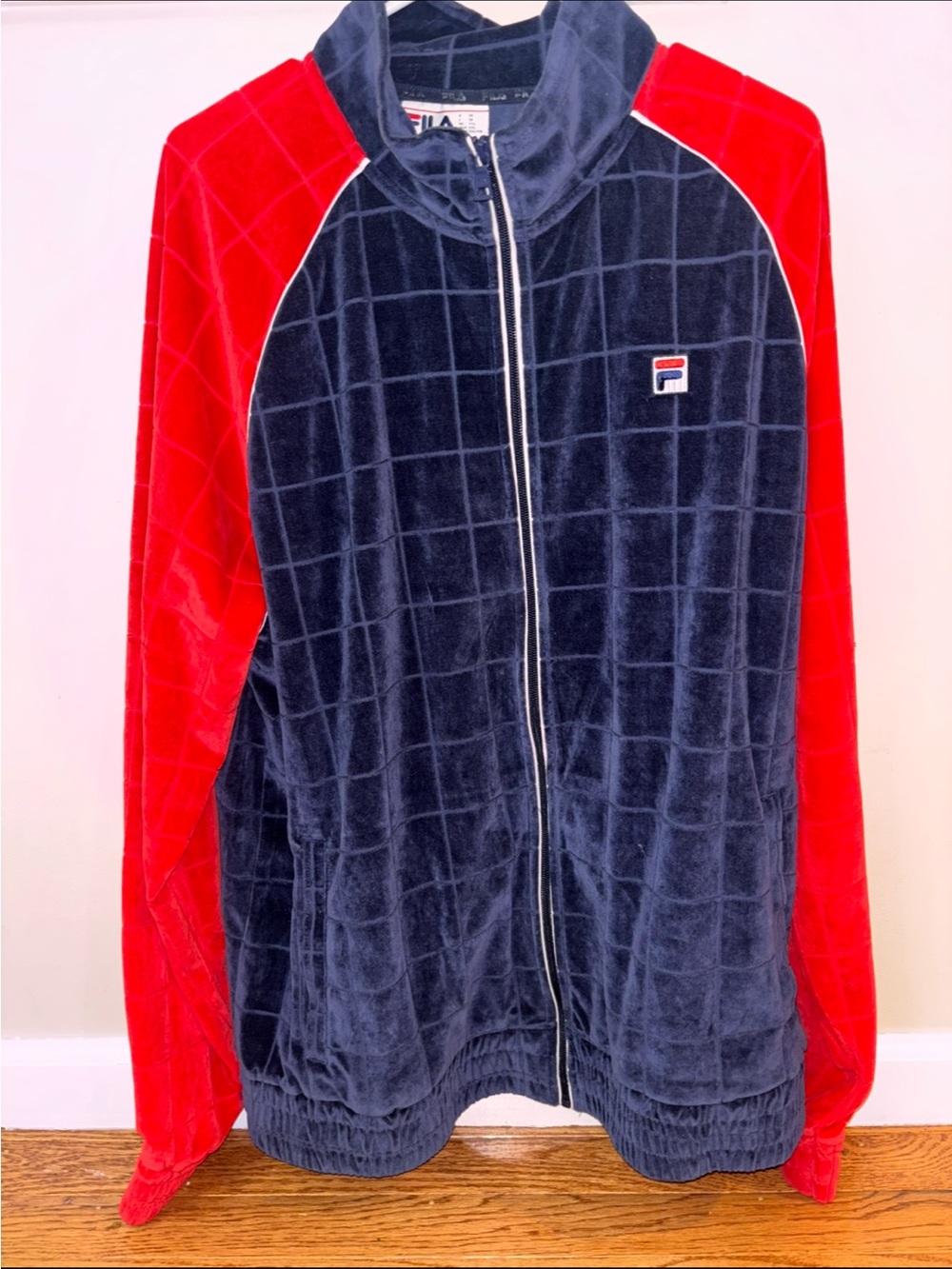 Vintage Men’s Fila Navy - Red Velour Track Jacket 2XL